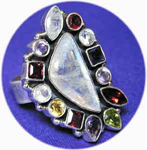 Designer Ring mit Mondstein/Granat/Amethyst/